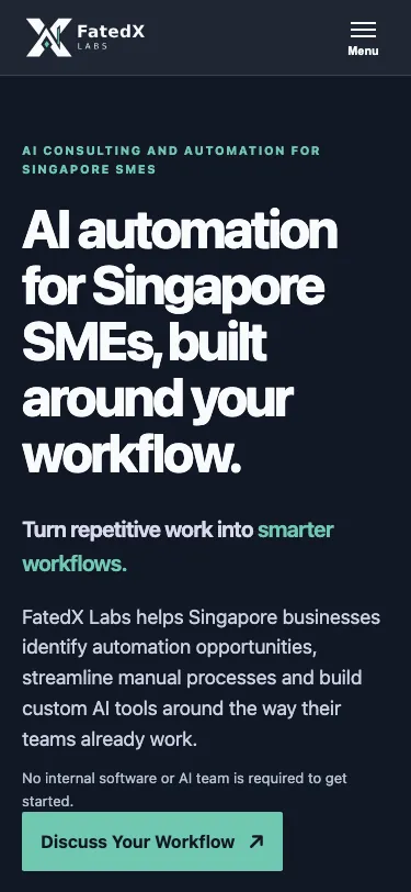 Mobile screenshot of the FatedX Labs home page, showing the responsive service-led layout